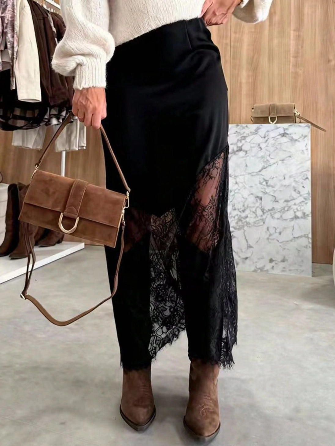 Satin + Lace Midi Skirt