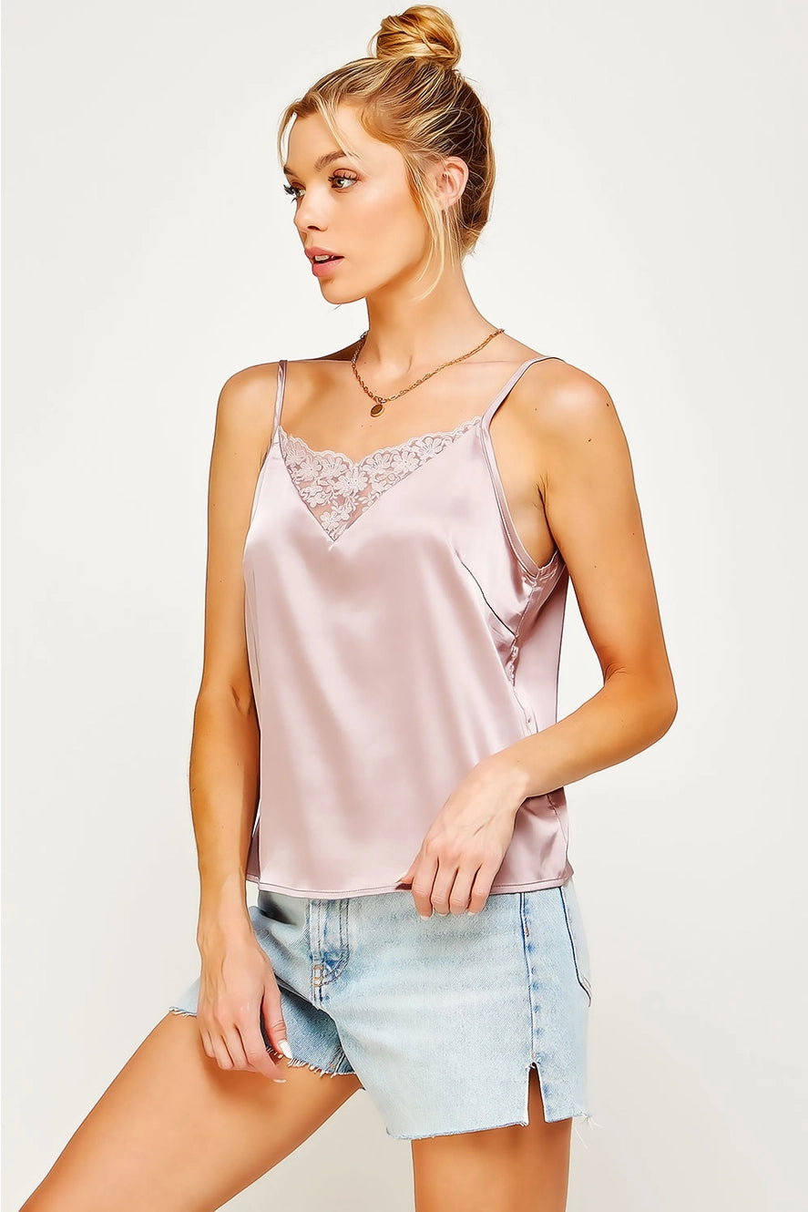 V CUT LACE TRIM SATIN CAMISOLE