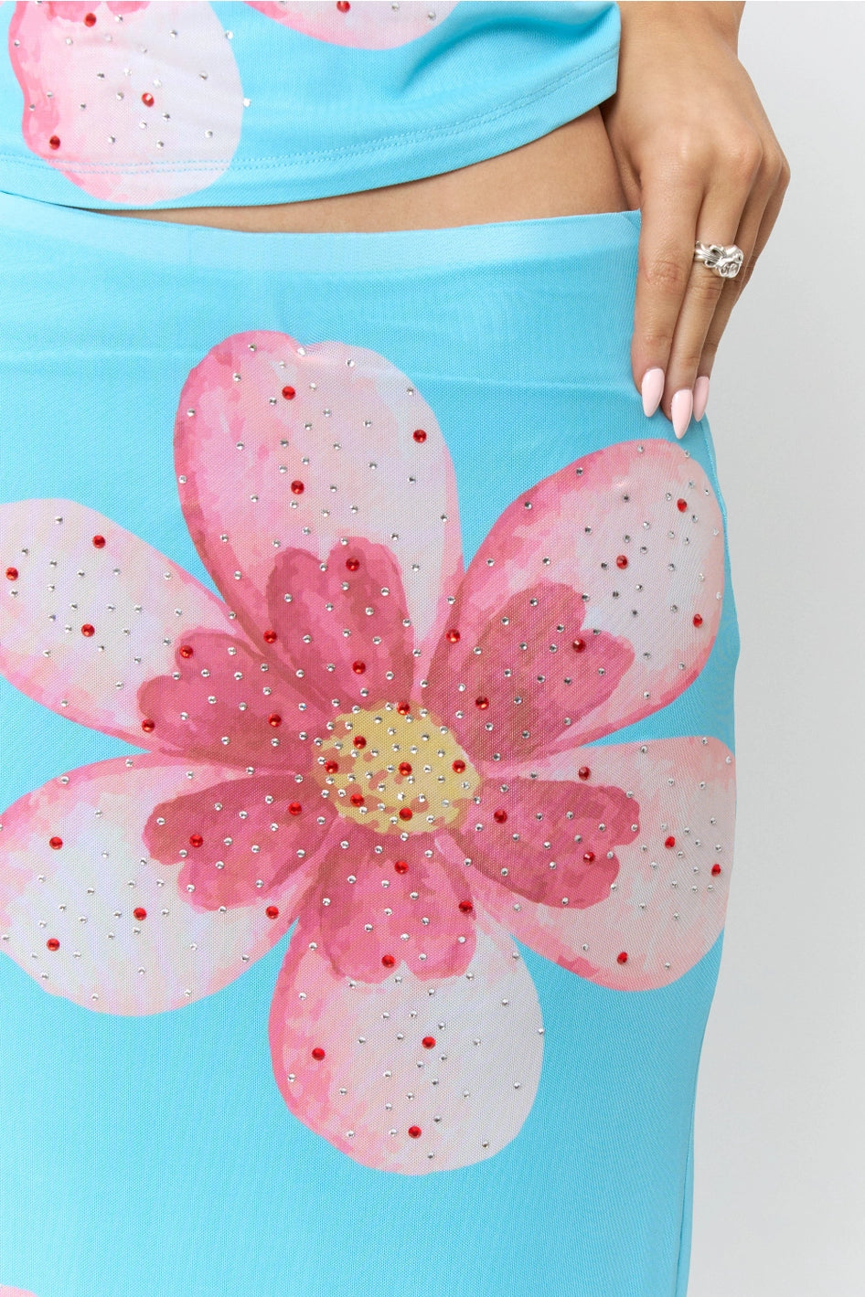 Y2K MESH FLORAL RHINESTONE CAMI & SKIRT SET