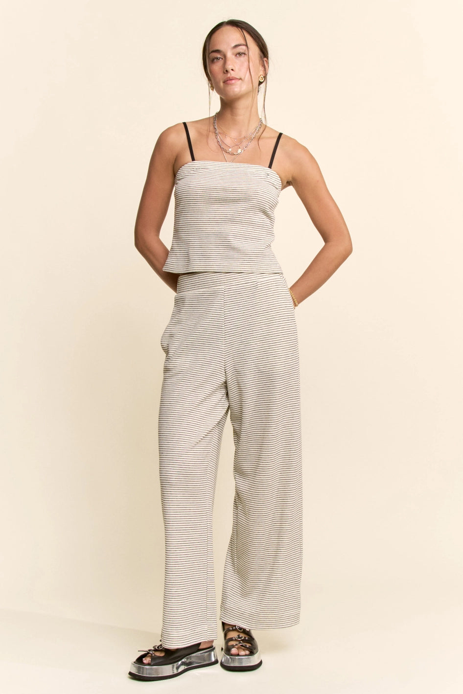 Black & White Striped Tube Top Crop & Wide Leg Pant Set