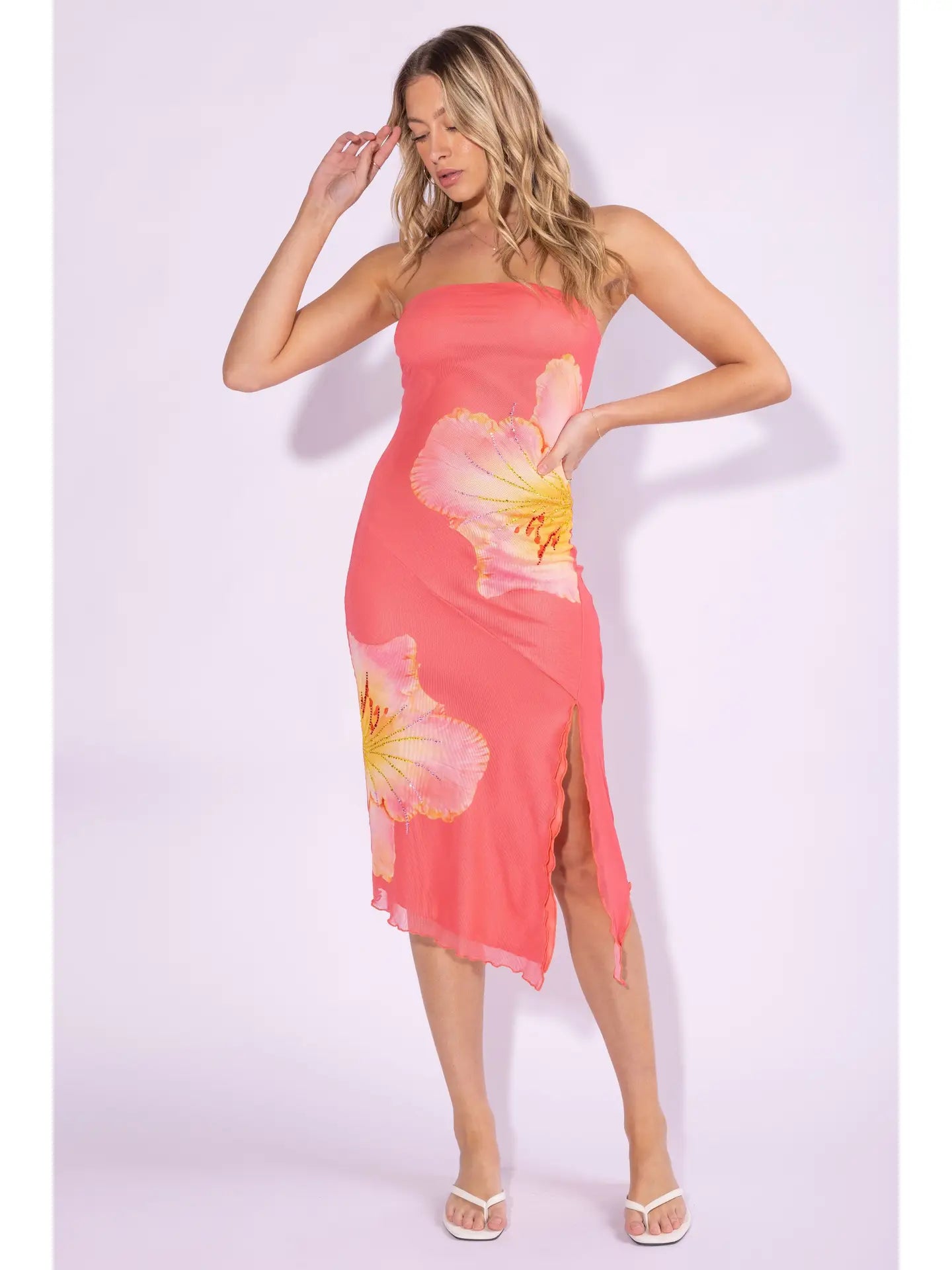 CORAL FLORAL PRINTED MESH MIDI DRESS WITH SLIT