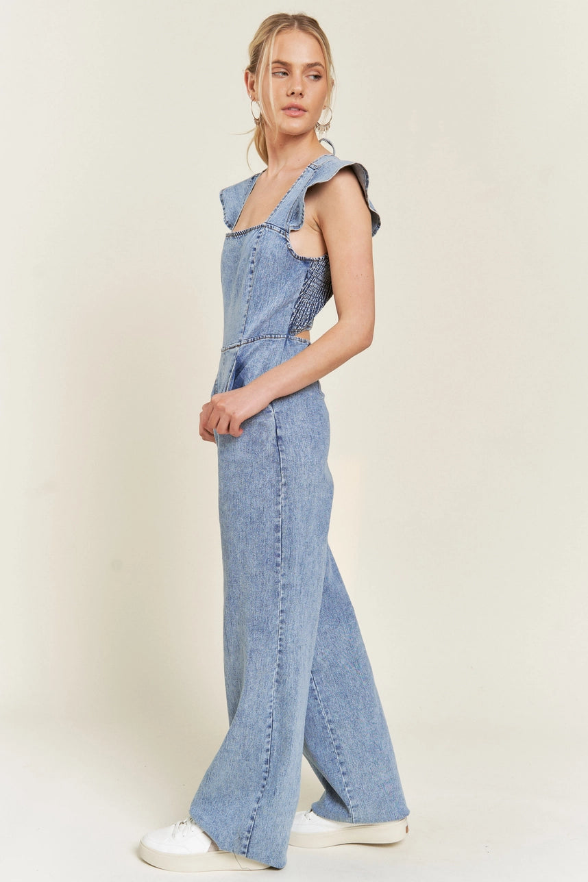 Ruffled Denim Open Back Jumpsuit