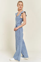 Ruffled Denim Open Back Jumpsuit