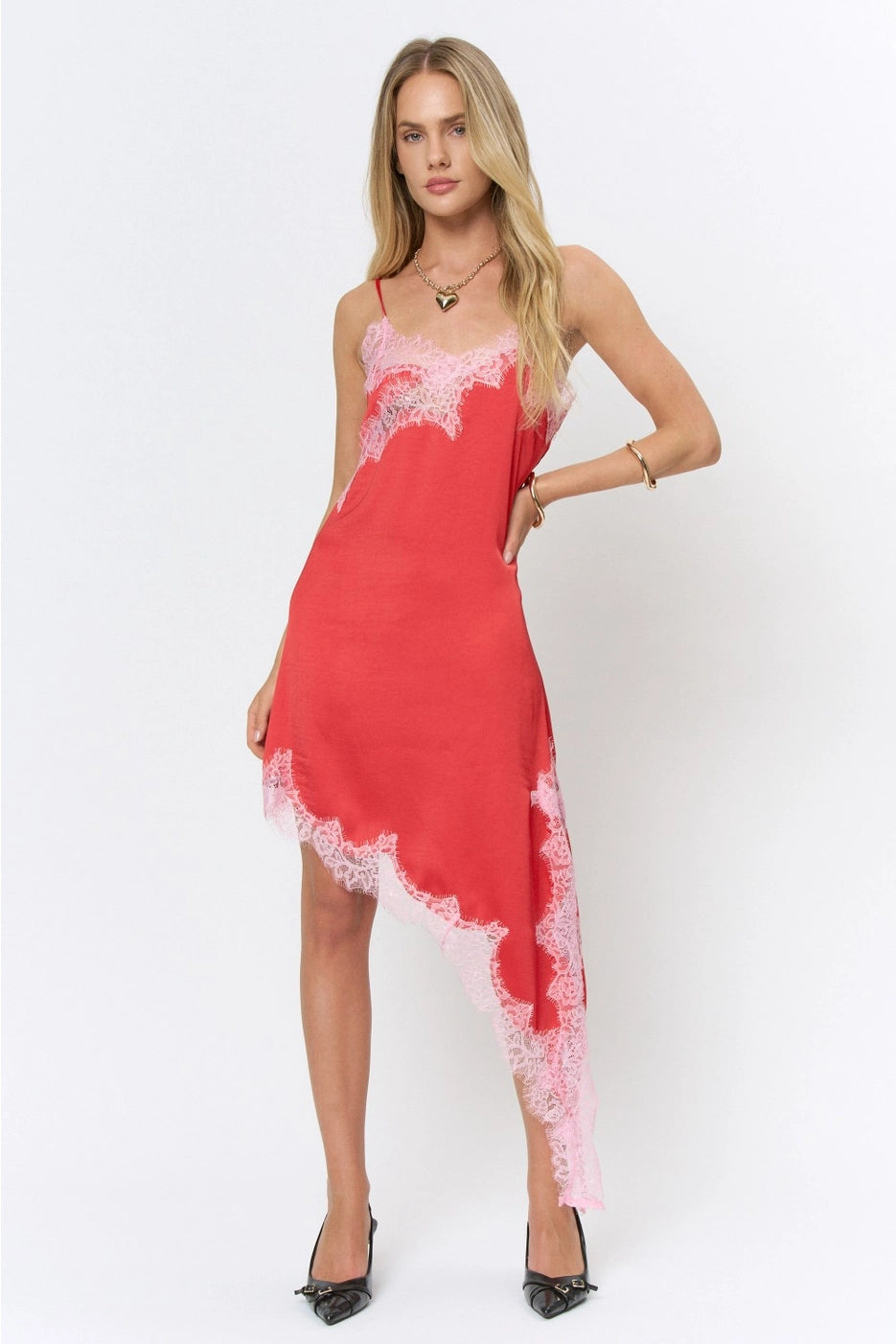 LACE TRIM ASYMMETRIC SATIN MIDI DRESS