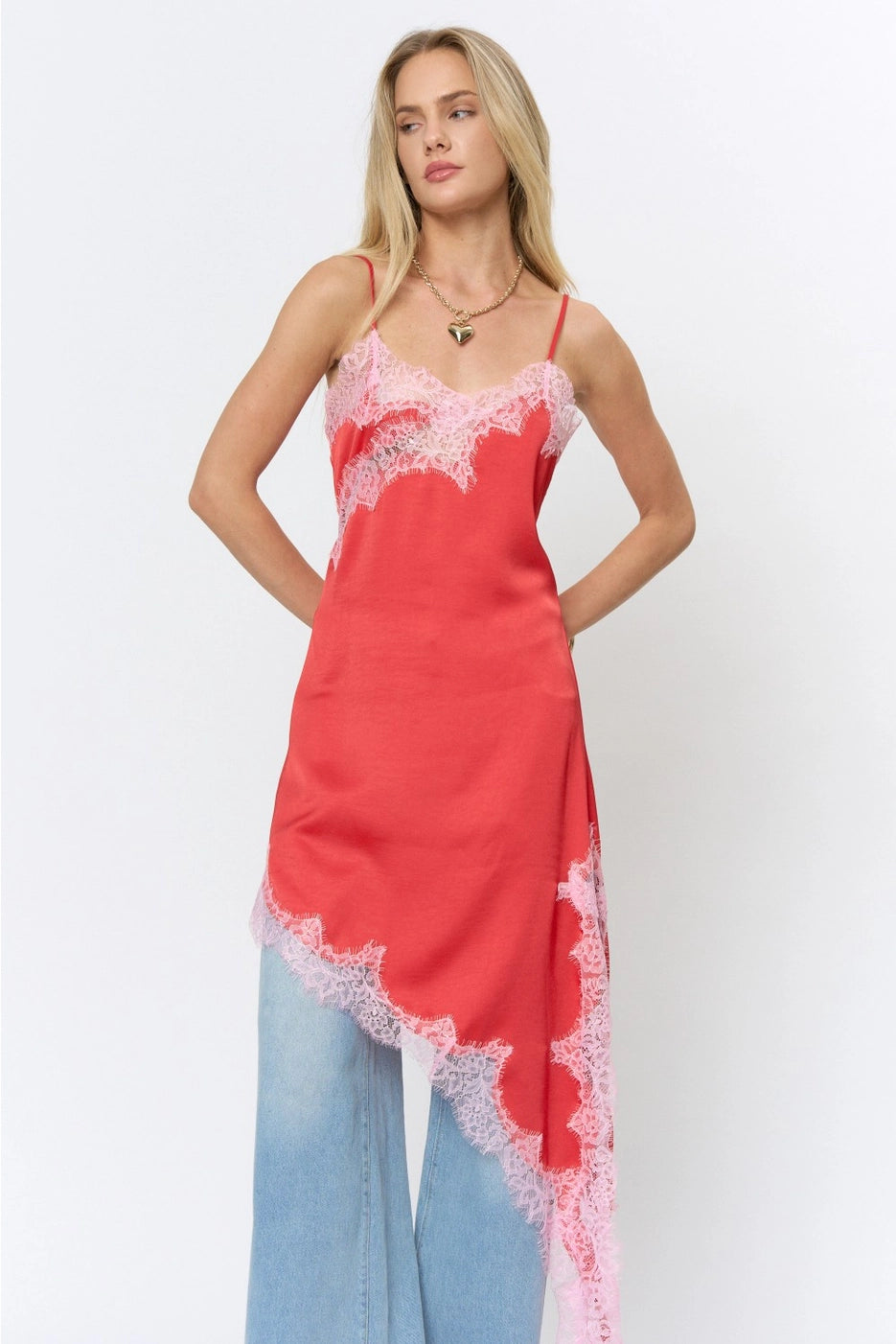 LACE TRIM ASYMMETRIC SATIN MIDI DRESS