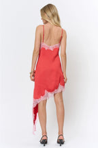 LACE TRIM ASYMMETRIC SATIN MIDI DRESS