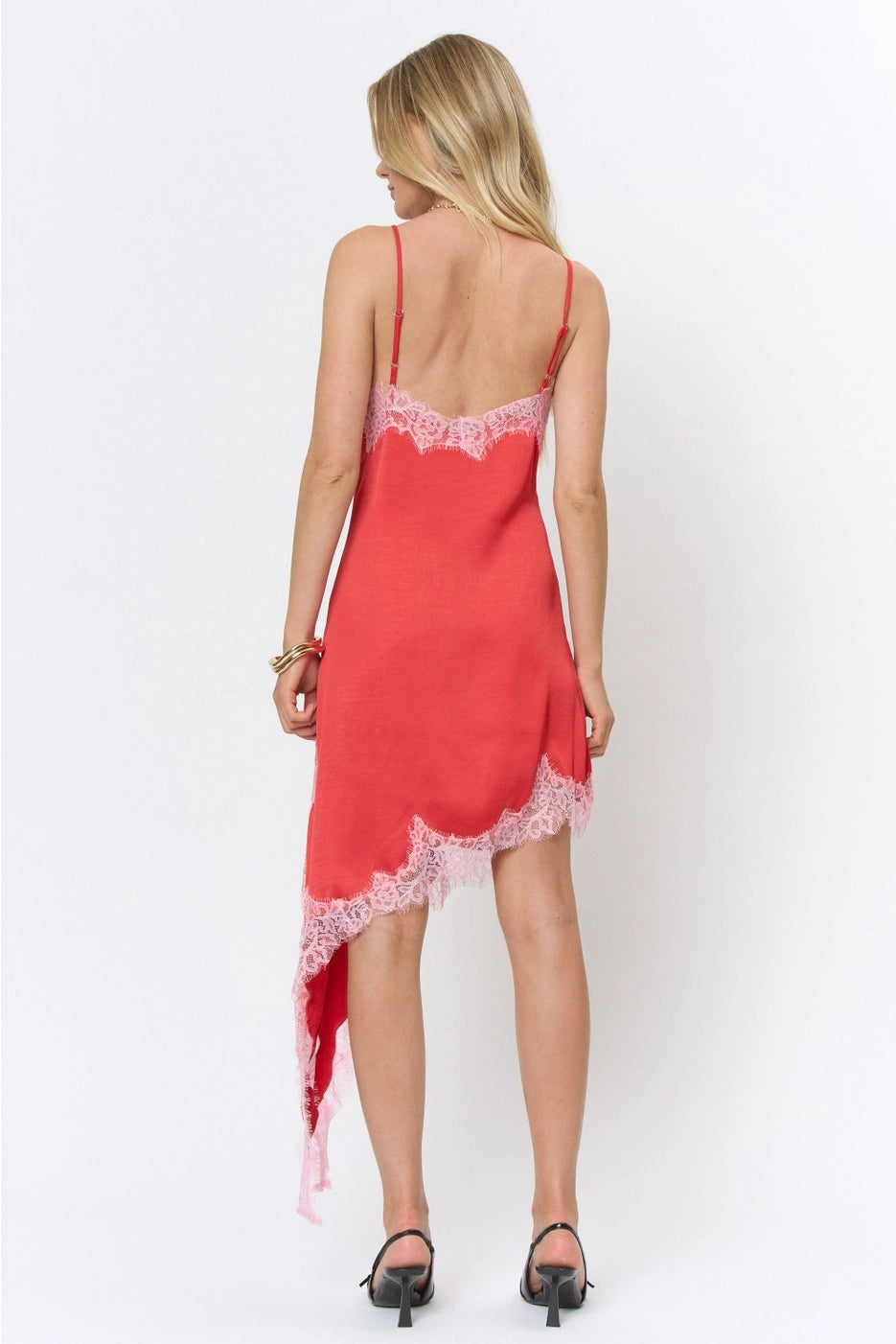 LACE TRIM ASYMMETRIC SATIN MIDI DRESS