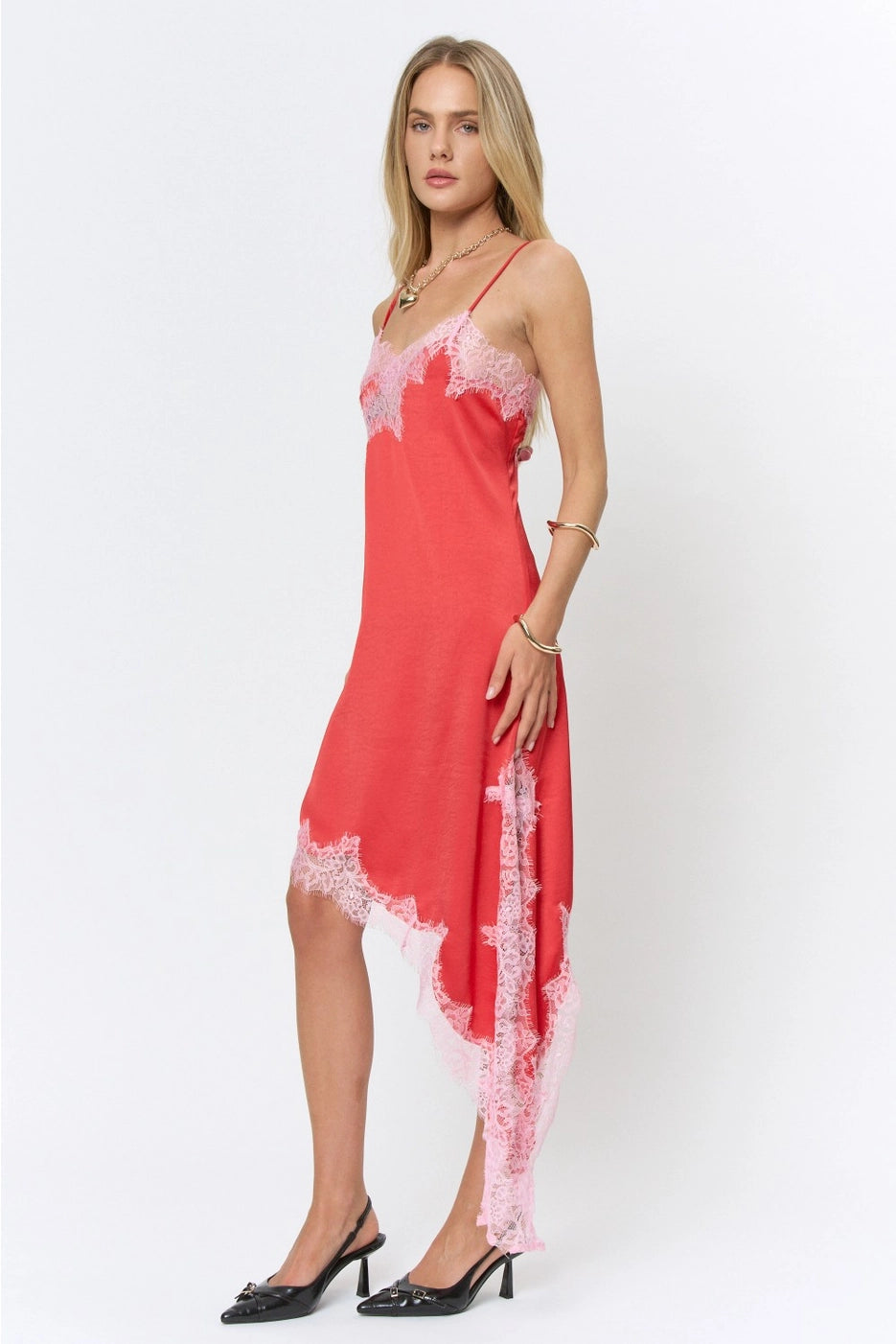 LACE TRIM ASYMMETRIC SATIN MIDI DRESS