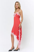 LACE TRIM ASYMMETRIC SATIN MIDI DRESS