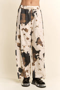 COW PRINT WIDE-LEG DRAWSTRING-HEM PANTS