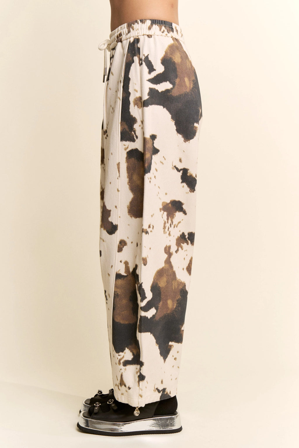 COW PRINT WIDE-LEG DRAWSTRING-HEM PANTS