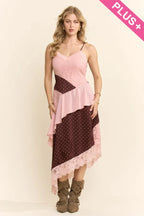 Pink & Brown Polka Dot Lace Patchwork Midi Dress
