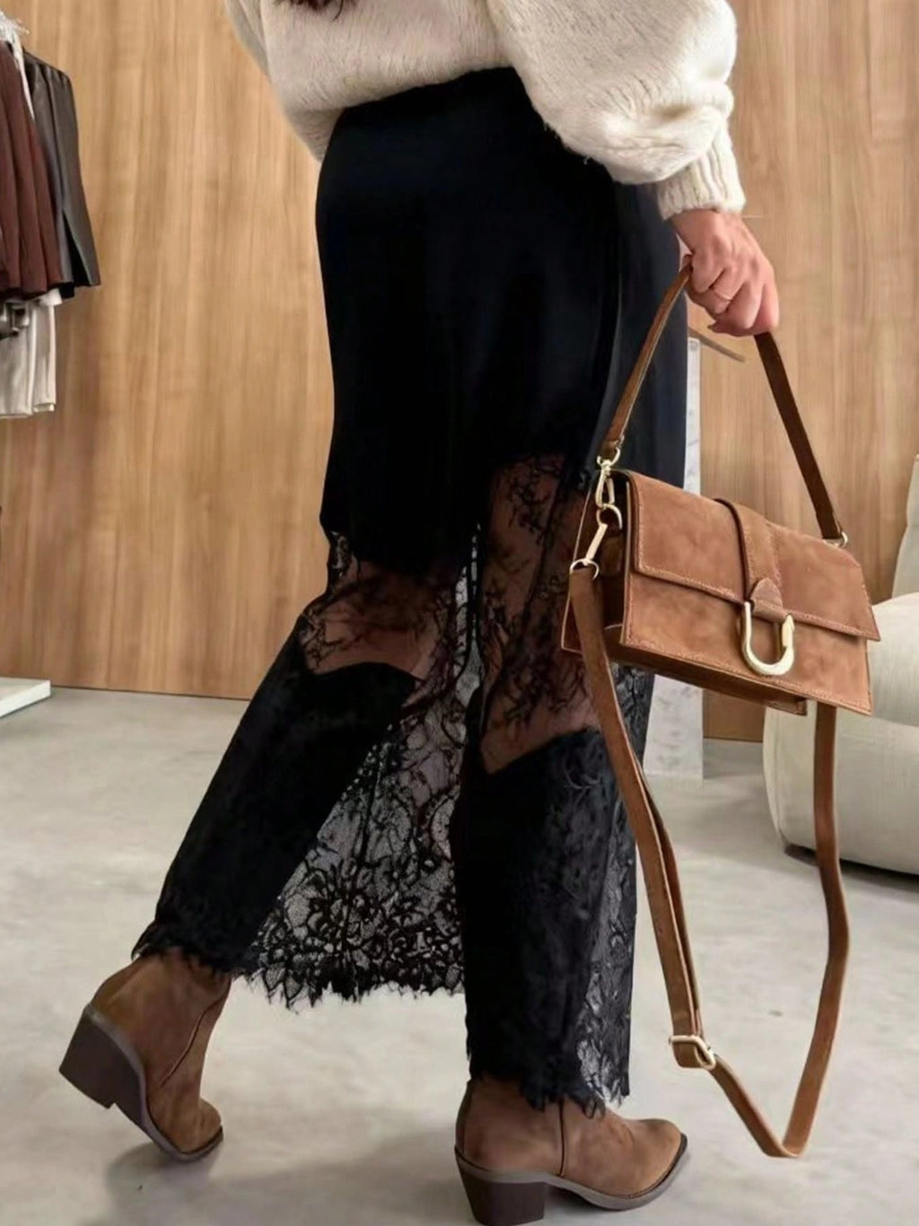 Satin + Lace Midi Skirt