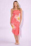 CORAL FLORAL PRINTED MESH MIDI DRESS WITH SLIT