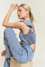 Ruffled Denim Open Back Jumpsuit