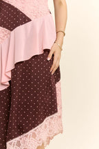 Pink & Brown Polka Dot Lace Patchwork Midi Dress
