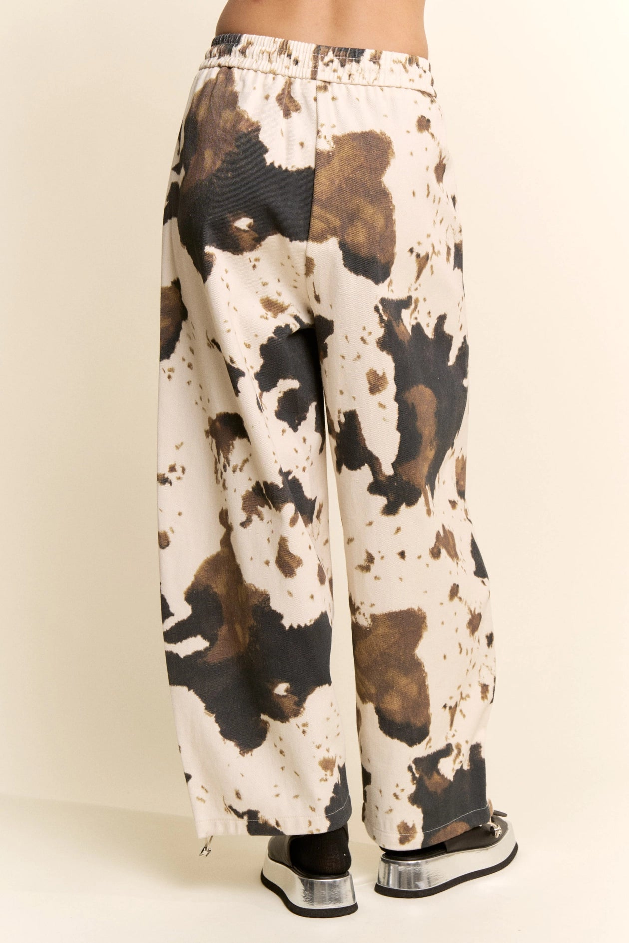 COW PRINT WIDE-LEG DRAWSTRING-HEM PANTS