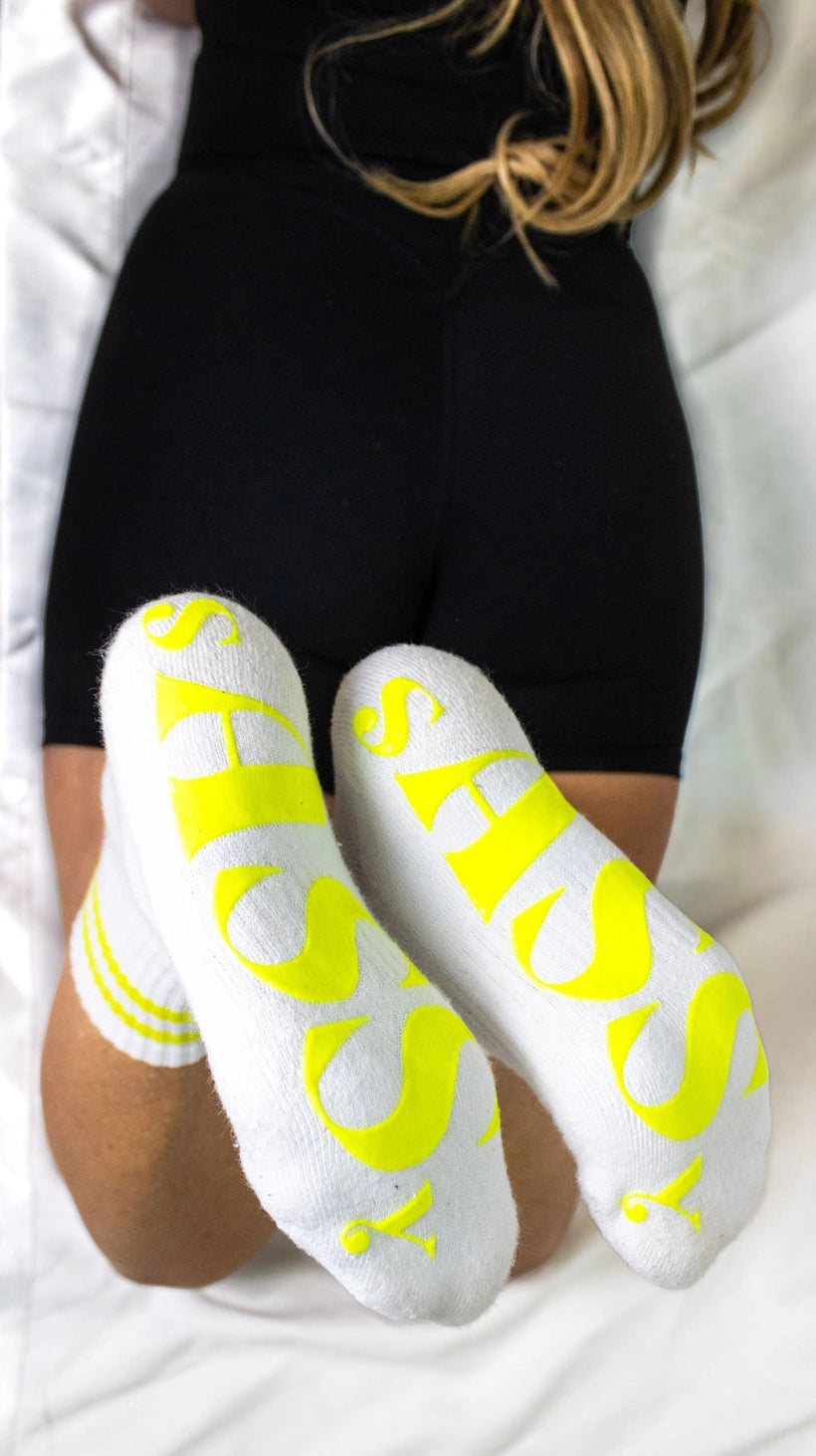 Neon Yellow Crew Grip Sock | Pilates & Barre