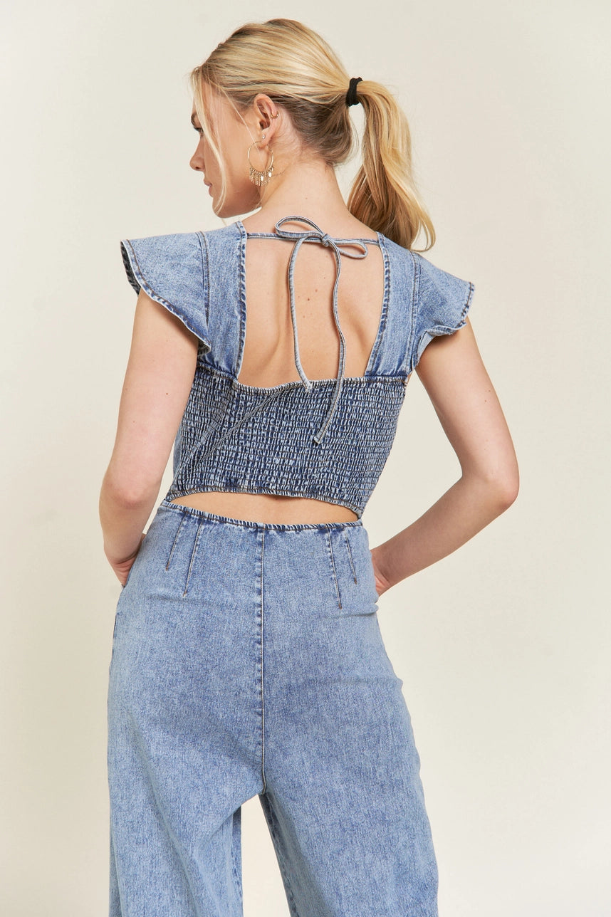 Ruffled Denim Open Back Jumpsuit