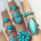 Turquoise Western Ring Set, 8 Piece Vintage Boho Jewelry