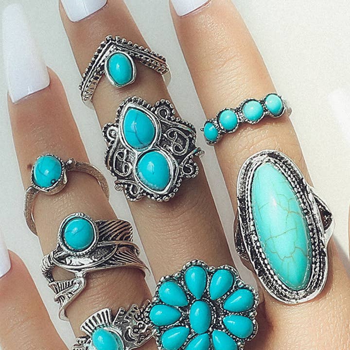 Turquoise Western Ring Set, 8 Piece Vintage Boho Jewelry