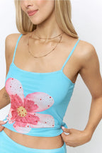 Y2K MESH FLORAL RHINESTONE CAMI & SKIRT SET