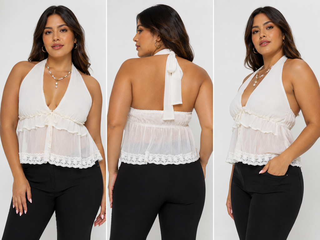 COUQUETTE TRIM CHIFFON HALTER NECK BABYDOLL TOP