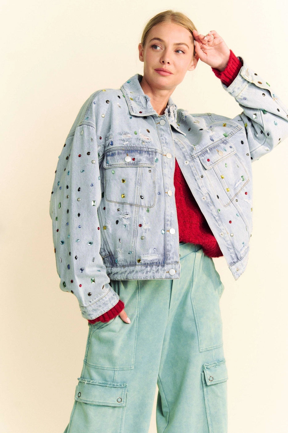 Disco Darling Jeweled Oversized Denim Jacket | Fall Preorder
