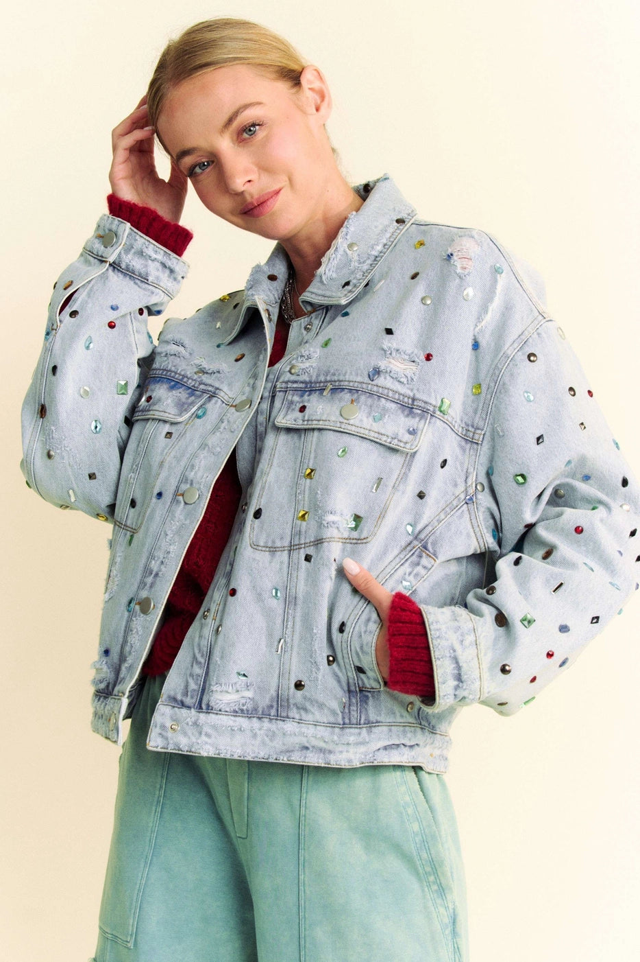 Disco Darling Jeweled Oversized Denim Jacket | Fall Preorder