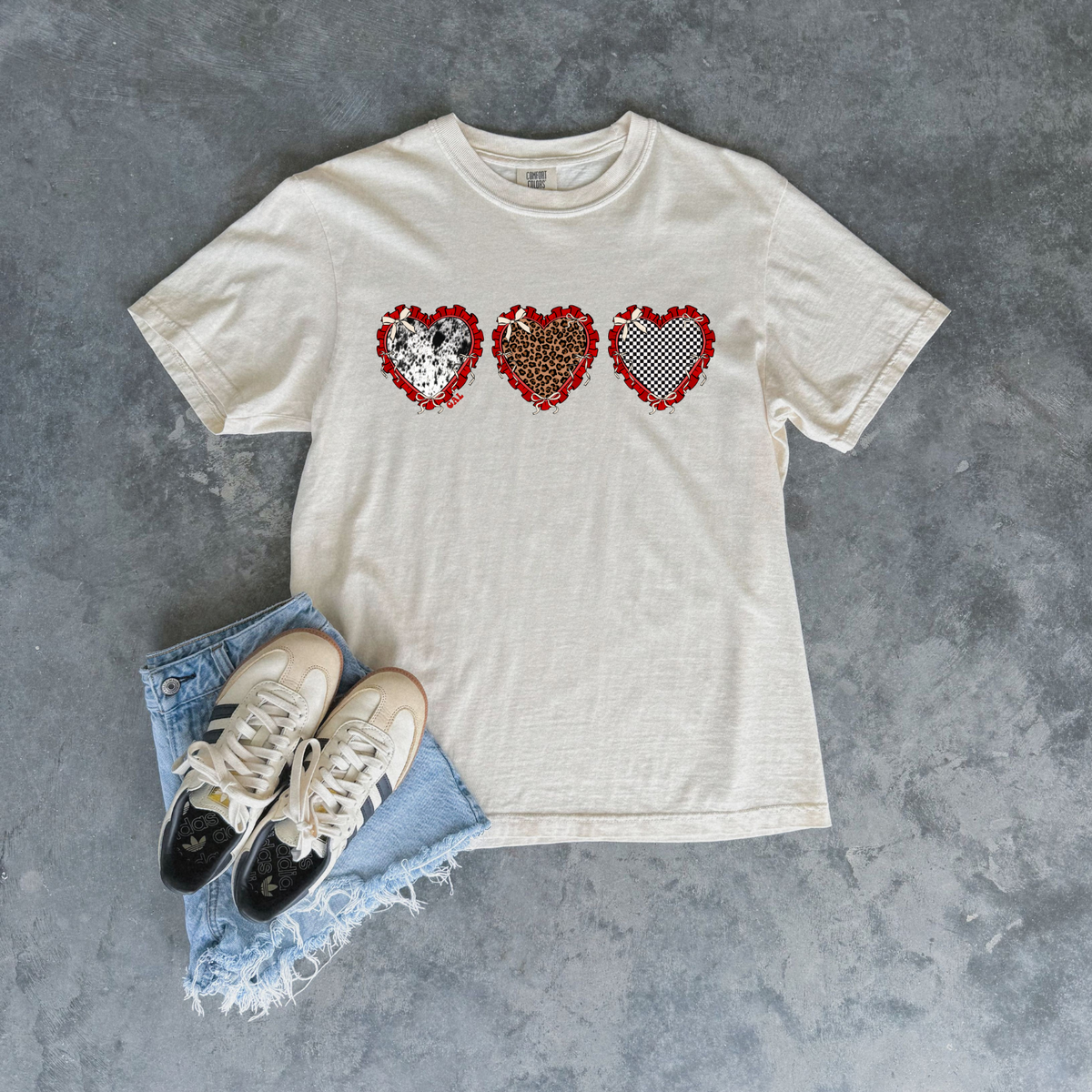 Triple Heart Patchwork – Graphic Tee or sweatshirt Gunpowder and Lace Boutique Nac