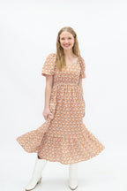 Puff Sleeve Midi Dress, Rust Floral Grace+Emma