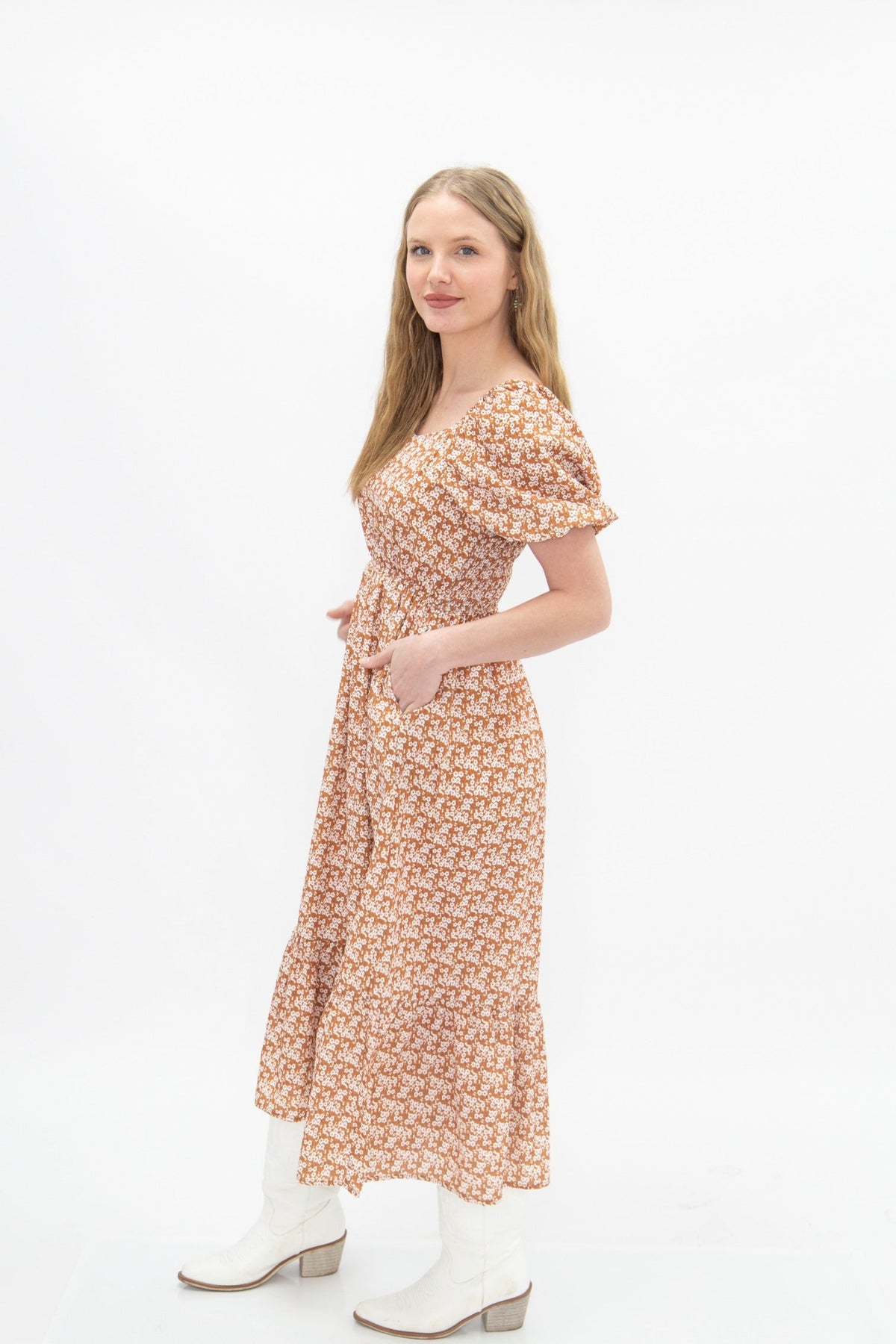 Puff Sleeve Midi Dress, Rust Floral Grace+Emma