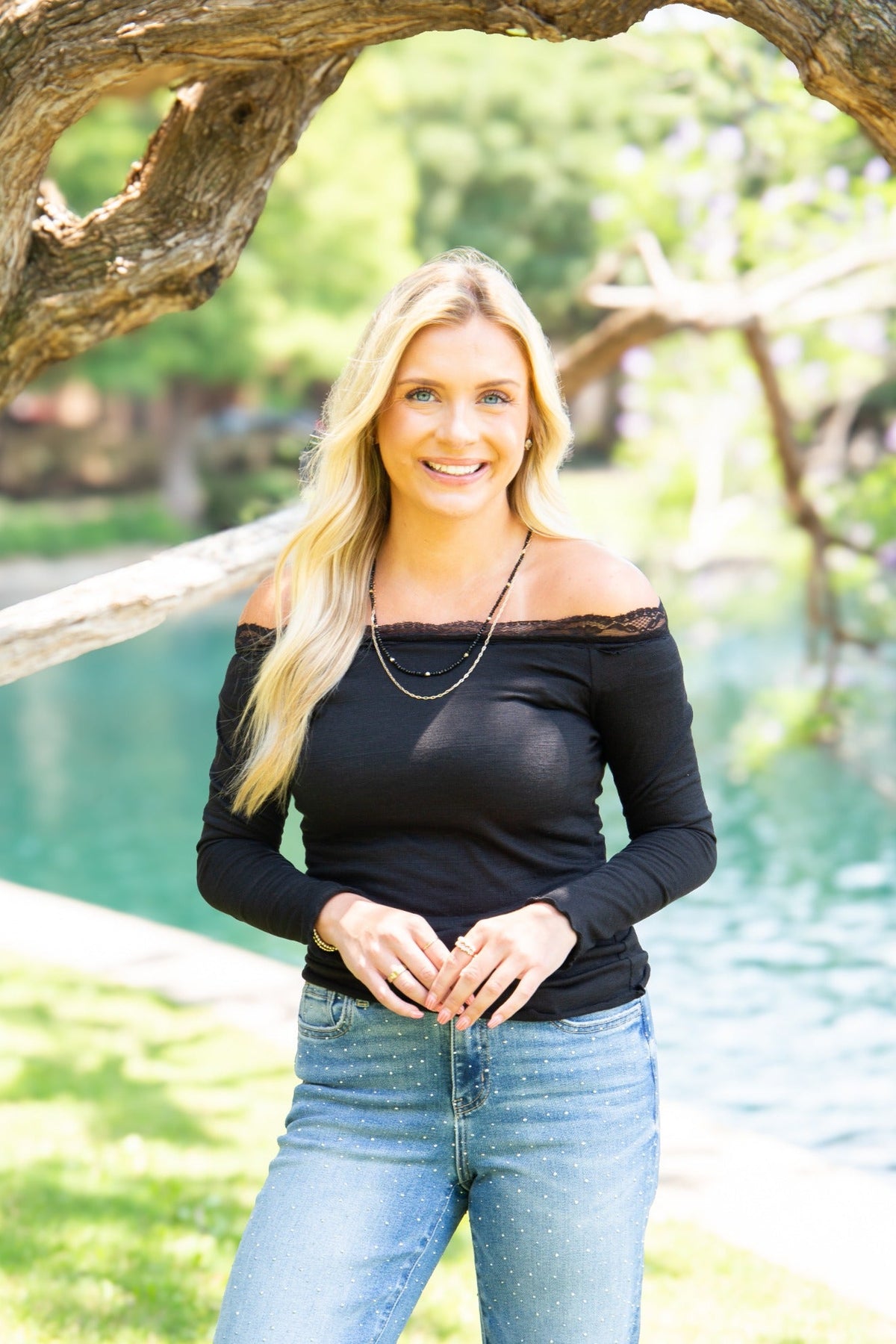 Longsleeve Off-the-Shoulder Top with Lace Trim, Black Grace+Emma