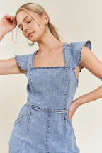 Ruffled Denim Open Back Jumpsuit