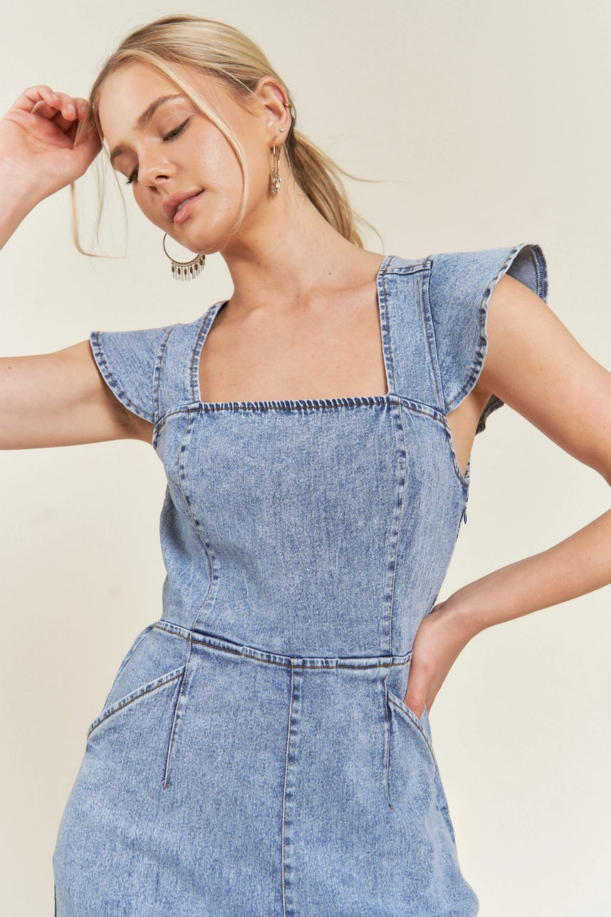 Ruffled Denim Open Back Jumpsuit