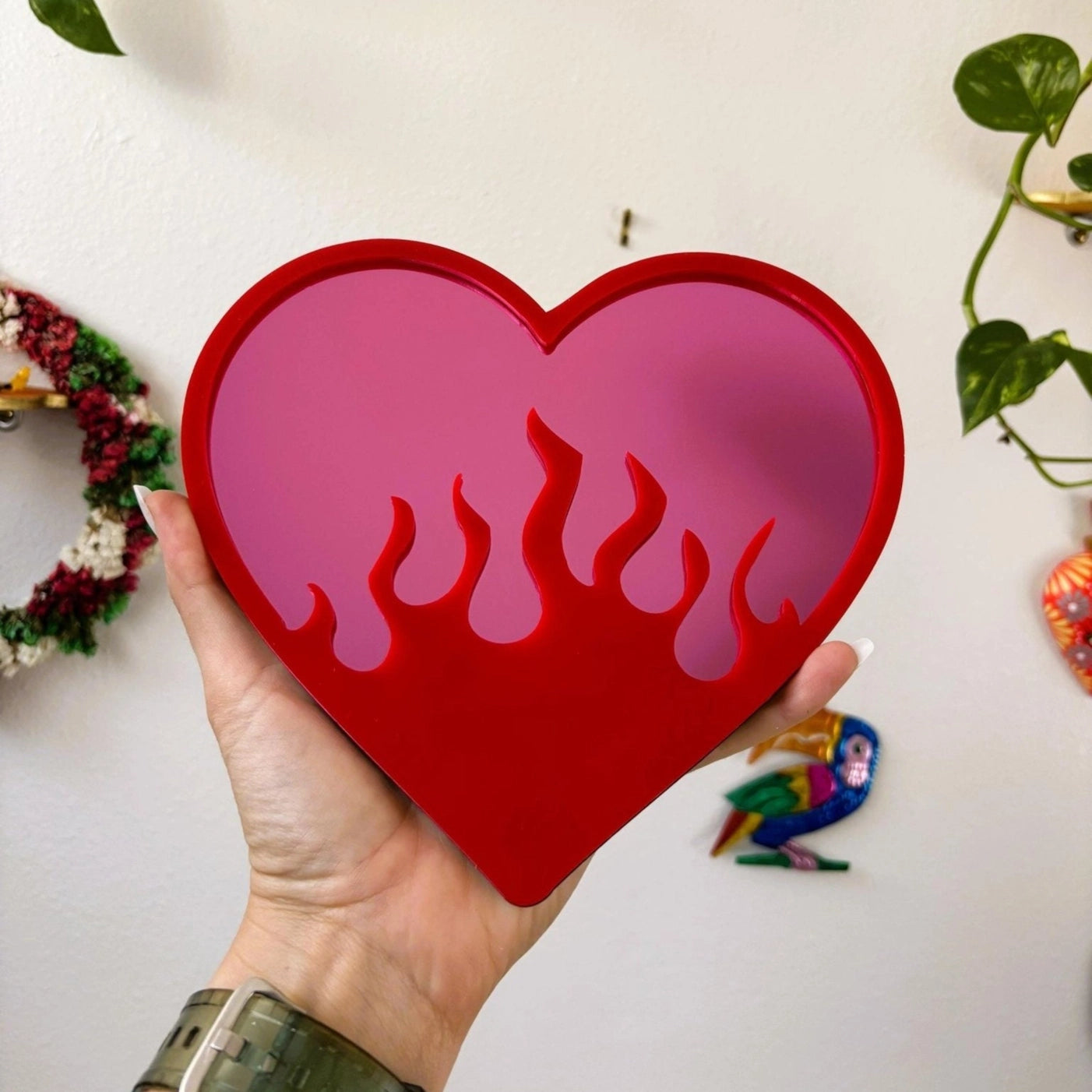 Burning Love Flame Heart Acrylic Wall Mirror