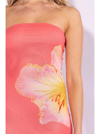 CORAL FLORAL PRINTED MESH MIDI DRESS WITH SLIT