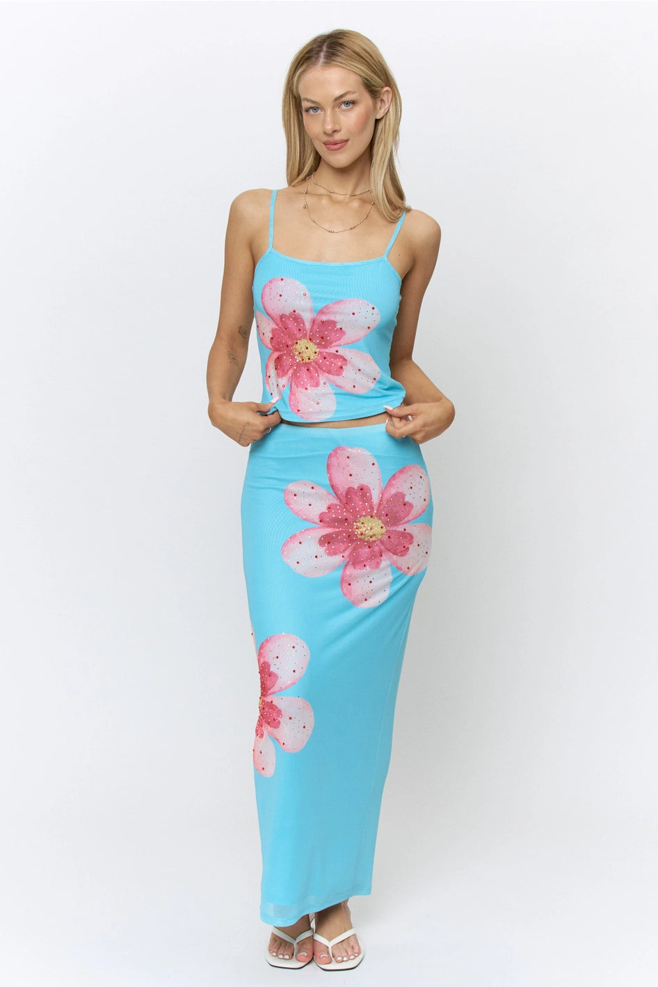 Y2K MESH FLORAL RHINESTONE CAMI & SKIRT SET