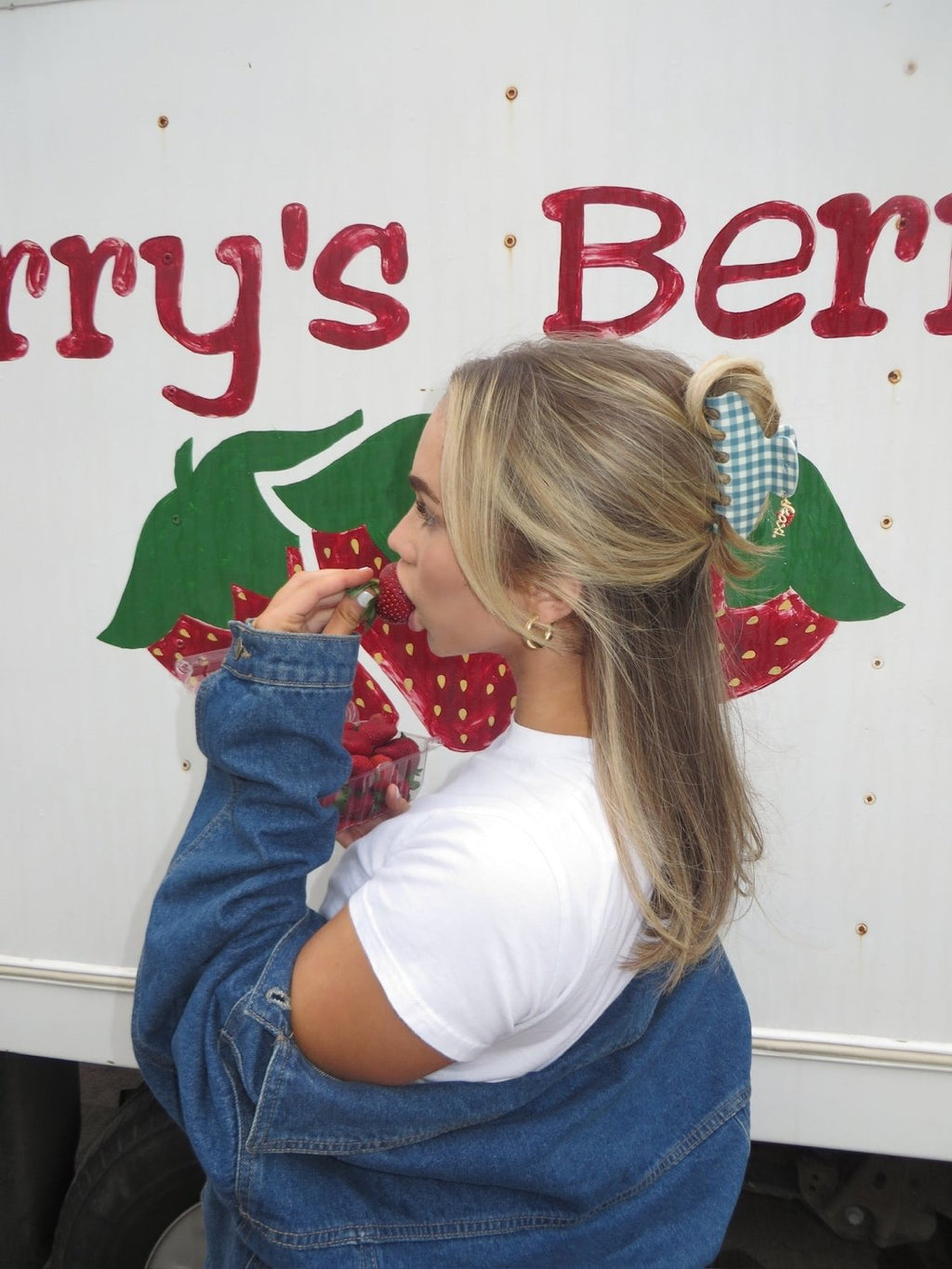 BLUE GINGHAM STRAWBERRY CHARM CLAW - Poppy & Vine