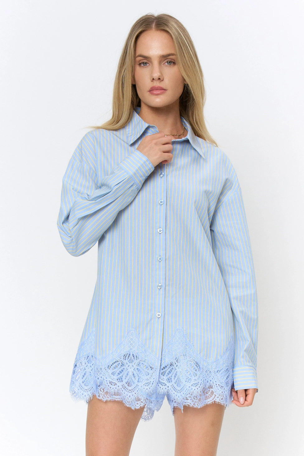 Scallop Lace Hem Button-Front Blouse