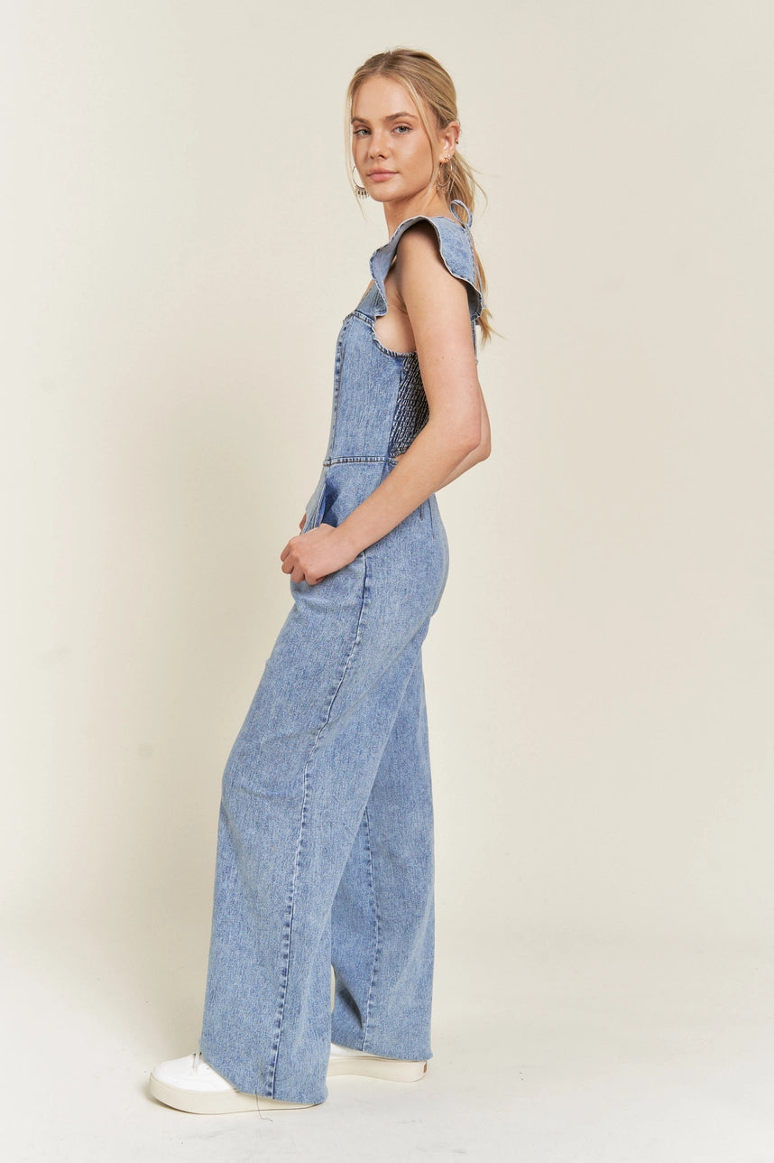 Ruffled Denim Open Back Jumpsuit
