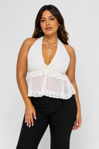 COUQUETTE TRIM CHIFFON HALTER NECK BABYDOLL TOP