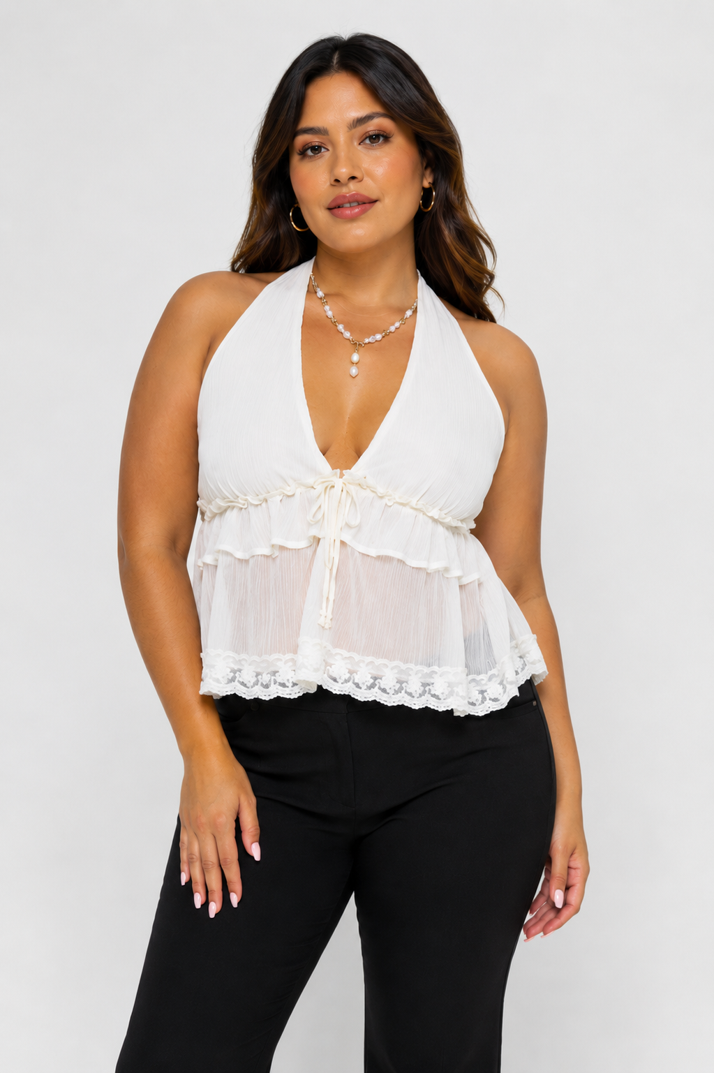 COUQUETTE TRIM CHIFFON HALTER NECK BABYDOLL TOP