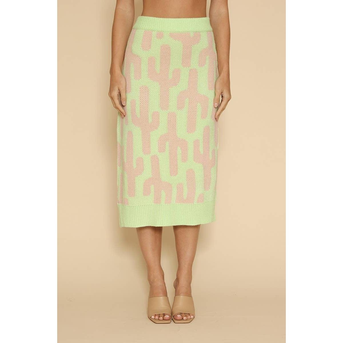Cactus Knit Midi Skirt | Green Intarsia Cactus Sweater Skirt | Boho Desert Knit Skirt - Poppy & Vine