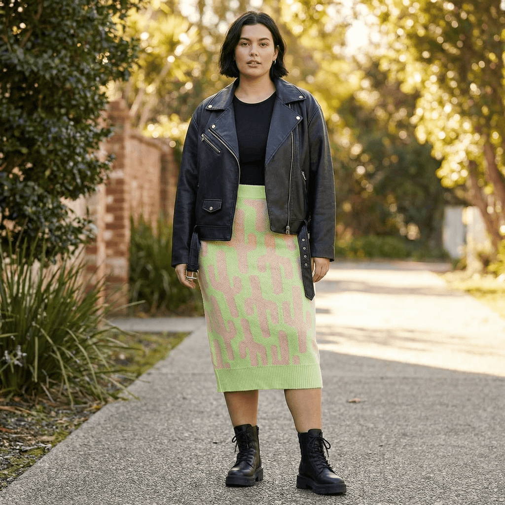 Cactus Knit Midi Skirt | Green Intarsia Cactus Sweater Skirt | Boho Desert Knit Skirt - Poppy & Vine