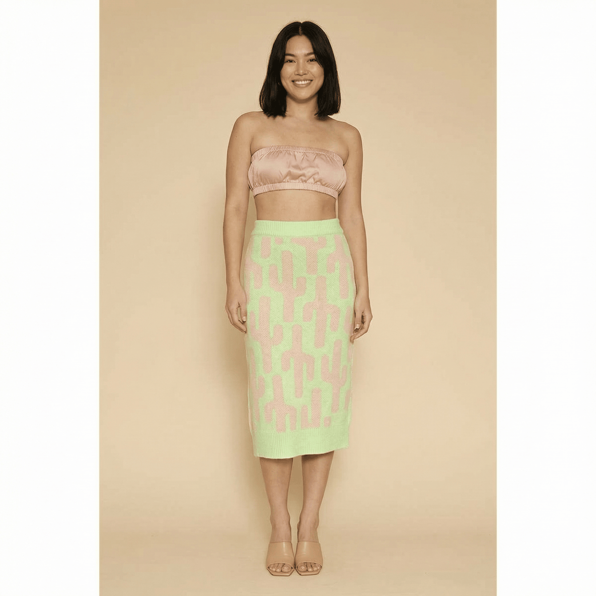 Cactus Knit Midi Skirt | Green Intarsia Cactus Sweater Skirt | Boho Desert Knit Skirt - Poppy & Vine