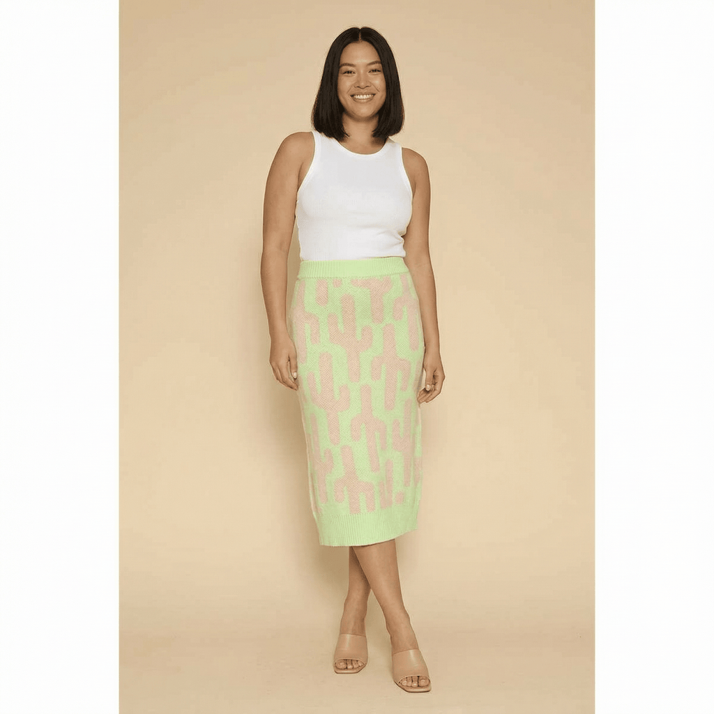 Cactus Knit Midi Skirt | Green Intarsia Cactus Sweater Skirt | Boho Desert Knit Skirt - Poppy & Vine