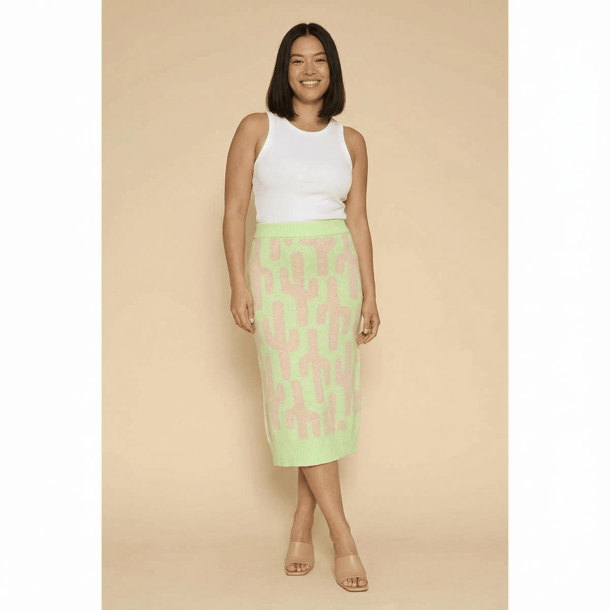 Cactus Knit Midi Skirt | Green Intarsia Cactus Sweater Skirt | Boho Desert Knit Skirt - Poppy & Vine