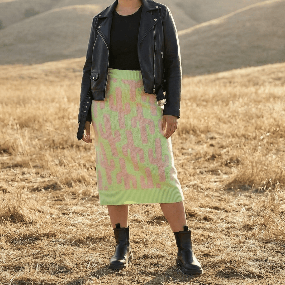 Cactus Knit Midi Skirt | Green Intarsia Cactus Sweater Skirt | Boho Desert Knit Skirt - Poppy & Vine