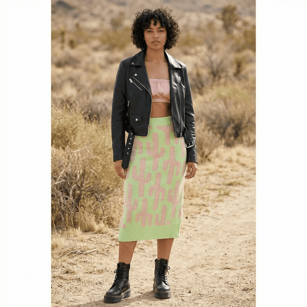 Cactus Knit Midi Skirt | Green Intarsia Cactus Sweater Skirt | Boho Desert Knit Skirt - Poppy & Vine